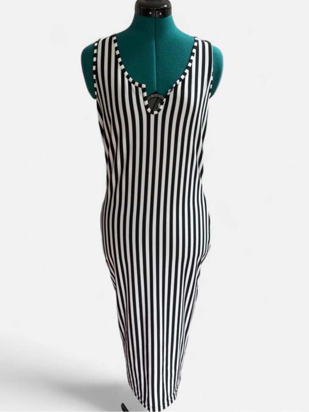 Sleeveless Black and White Striped Midi Dress